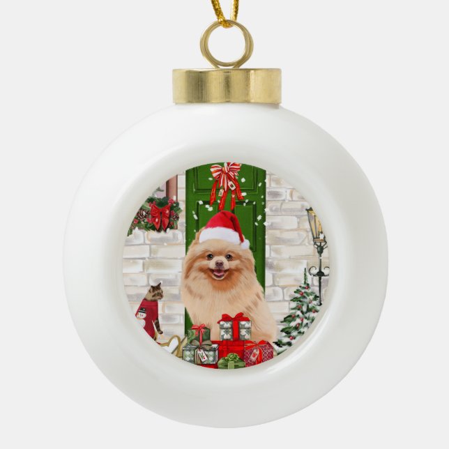 Boule En Céramique Noël du chien de Poméranie (Devant)