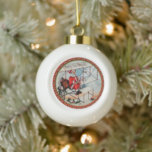 Boule En Céramique Noël Père Noël pilotant un vieil avion (Arbre)