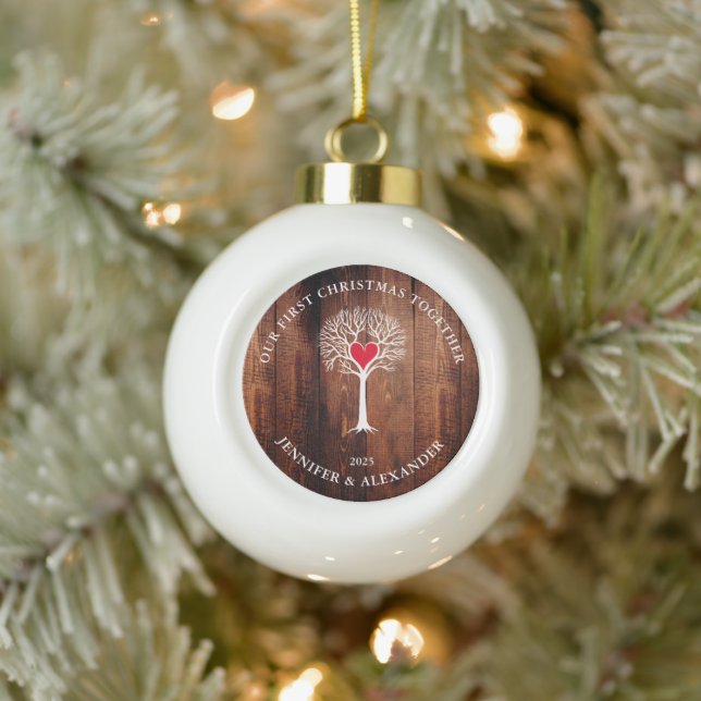 Boule En Céramique Notre premier Noël ensemble amour arbre bois rusti (Arbre)