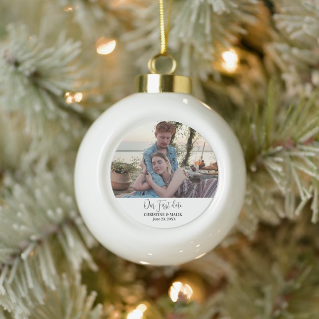 Boule En Céramique Notre première date Photo Couple noël (Arbre)