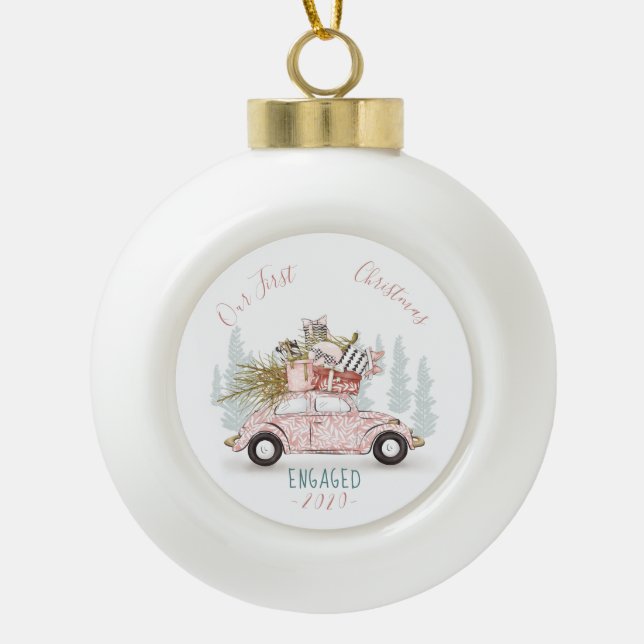 Boule En Céramique Notre première voiture d'aquarelle de Noël engagée (Devant)