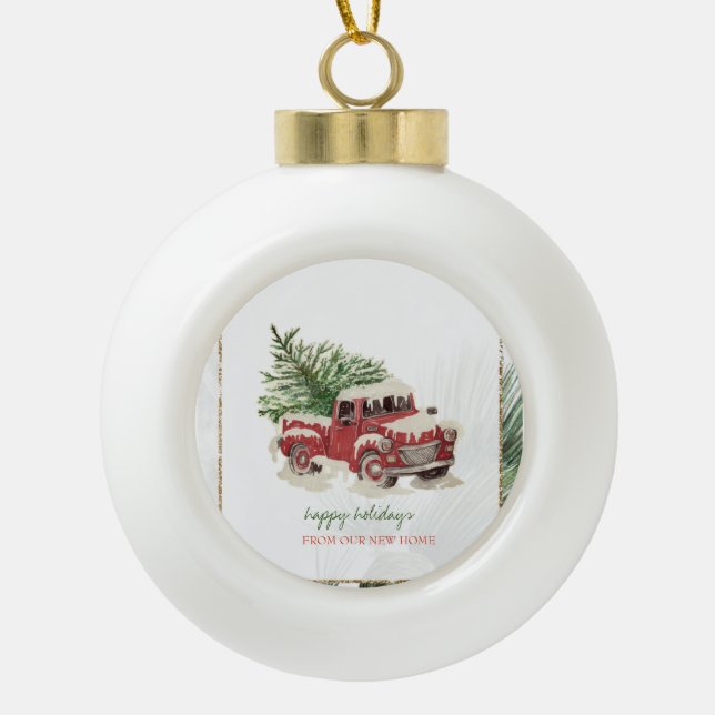 Boule En Céramique Nous Avons Déménagé, Camion Rouge, Pine Tree Snow  (Devant)