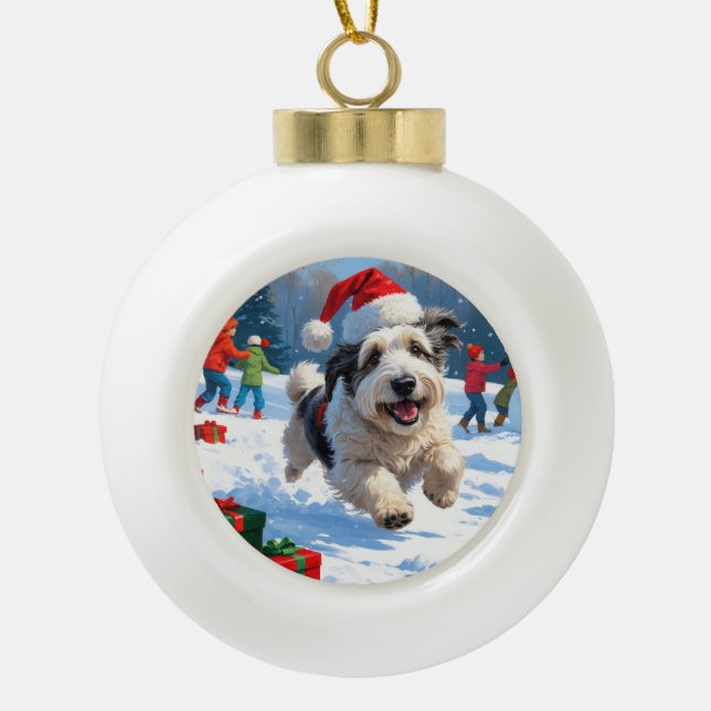 Boule En Céramique Old English Sheepdog Running in Snow Christmas Cas (Devant)