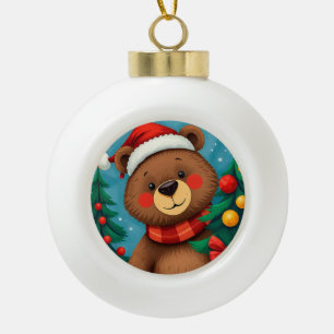 Boule En Céramique Ours au chapeau de Père Noël parmi les arbres de N