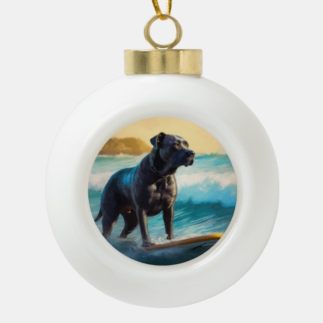 Boule En Céramique Peinture de Cane Corso faisant du surf sur la plag (Devant)