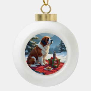 Boule En Céramique Peinture de Noël Pique-Nique d'Hiver Saint-Bernard