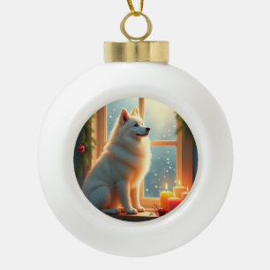 Boule En Céramique Peinture de Noël Samoyède sous le gui