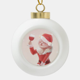 Boule En Céramique Père Noël Chat tenant du verre Vin rouge
