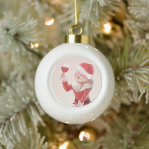 Boule En Céramique Père Noël Chat Tenant Verre de Vin Rouge