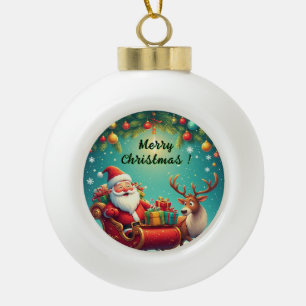 Boule En Céramique Père Noël conduisant un traîneau avec un renne