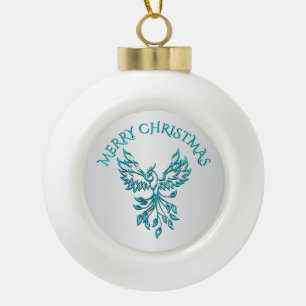 Boule En Céramique Phoenix bleu sarcelle se lève sur un joyeux Noël a