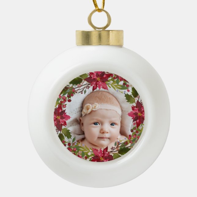 Boule En Céramique Photo bébé aquarelle Poinsettia Floral (Devant)