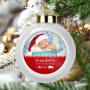Boule En Céramique Photo souvenir premier Noël de bébé rouge