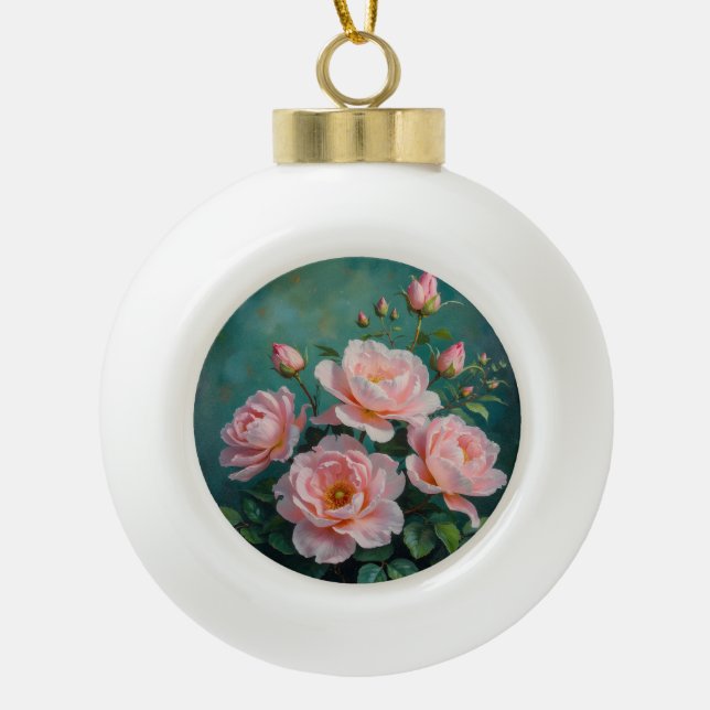 Boule En Céramique Pink Peonies Artwork on Emerald Green (Devant)