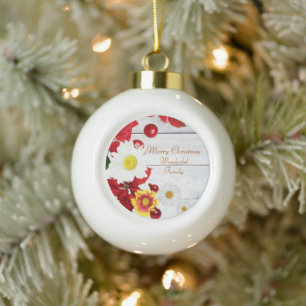 Boule En Céramique Poinsététie en bois blanc rustique et fleurs jaune