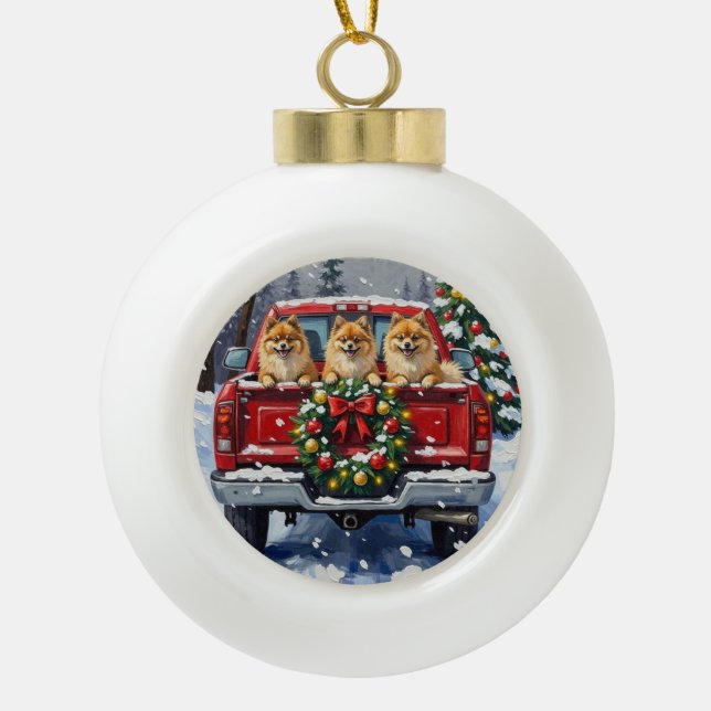 Boule En Céramique Pomeranian Christmas Red Truck Holiday Gift (Devant)
