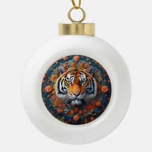 Boule En Céramique Portrait majestueux d'un tigre entouré de fleurs