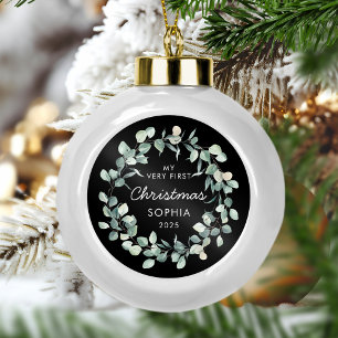 Boule En Céramique Premier Noël de bébé Couronne d'eucalyptus Noir
