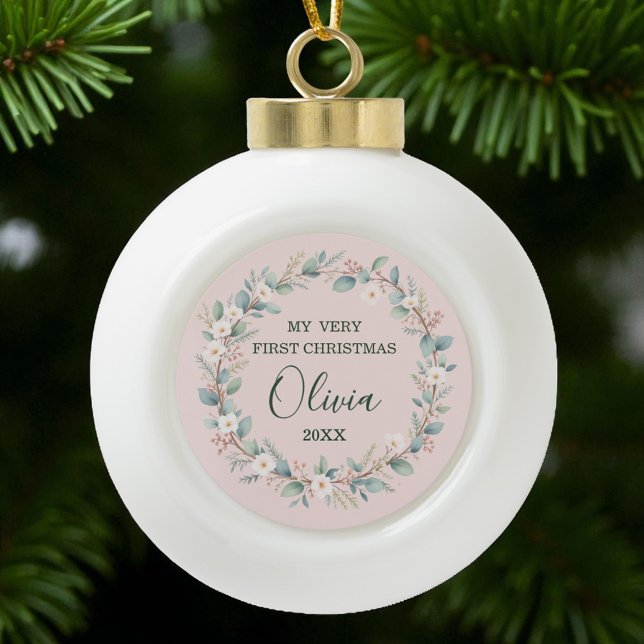 Boule En Céramique Premier Noël du bébé avec cadre floral doux (Créateur téléchargé)