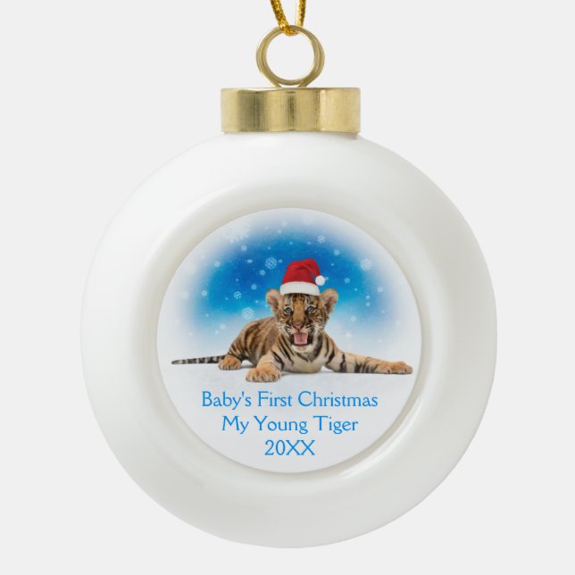 Boule En Céramique Premier Noël du bébé doux du tigre | (Devant)