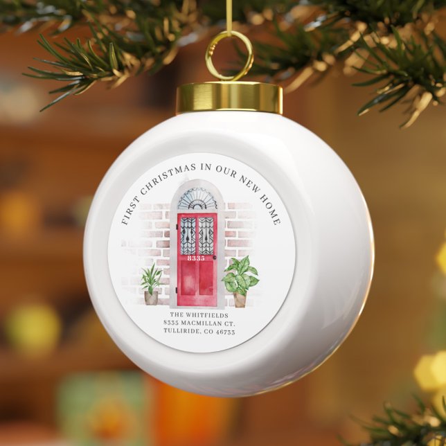 Boule En Céramique Premier Noël Nouveau Accueil Porte rouge Chic Plan (Christmas Family New Home Address Watercolor Red Door Bauble)