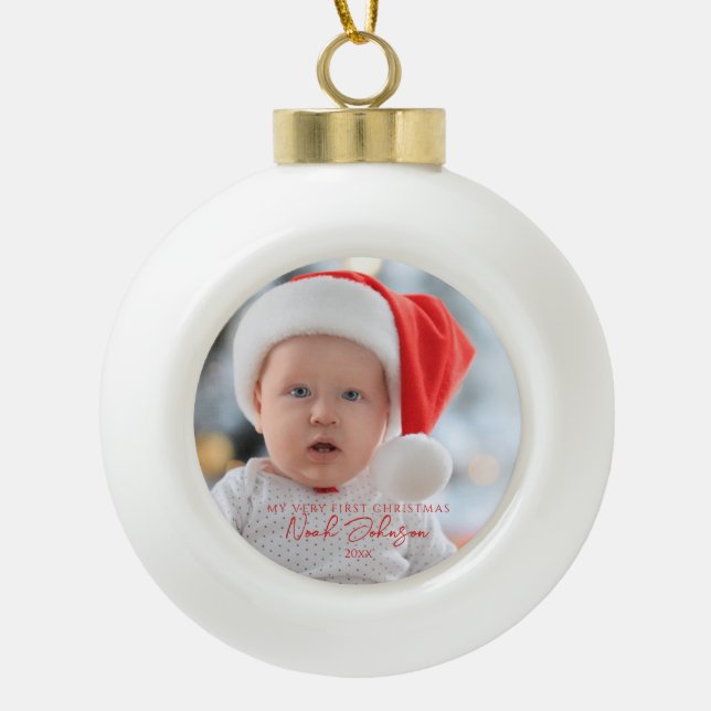 Boule En Céramique Première photo de Noël du bébé mignon blanc (Devant)