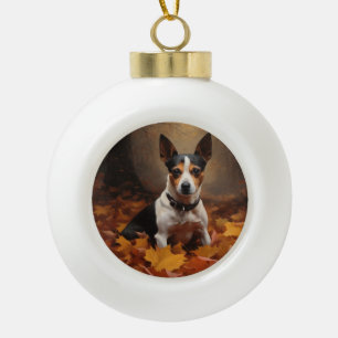 Boule En Céramique Rat Terrier dans les feuilles d'automne qui tomben