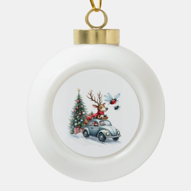 Boule En Céramique Reindeer driving a beetle with christmas treeb (Devant)