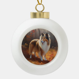 Boule En Céramique Rough Collie dans les feuilles d'automne qui tombe