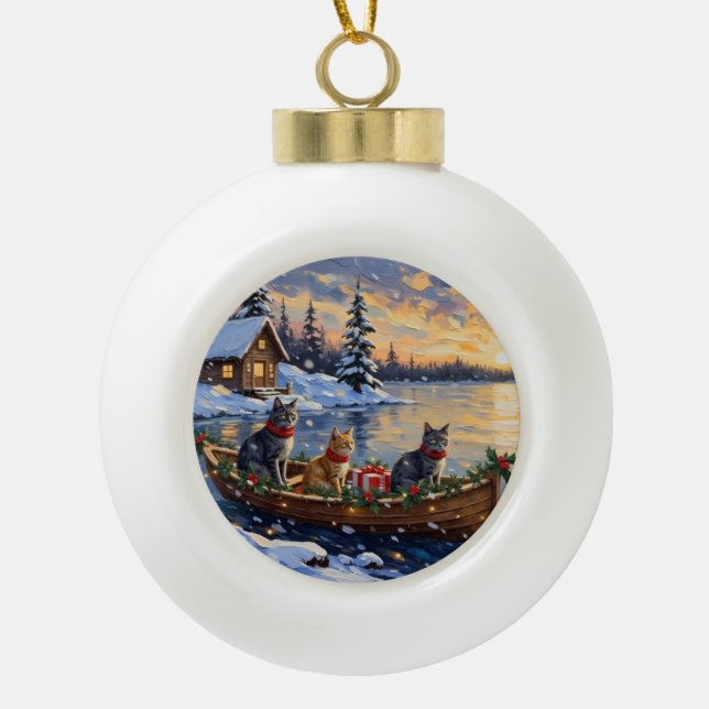 Boule En Céramique Russian Blue Cat Christmas Boat Holiday (Devant)