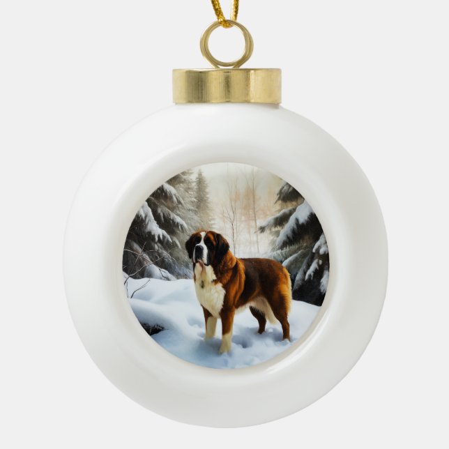 Boule En Céramique Saint Bernard Laisser Neige Noël (Devant)