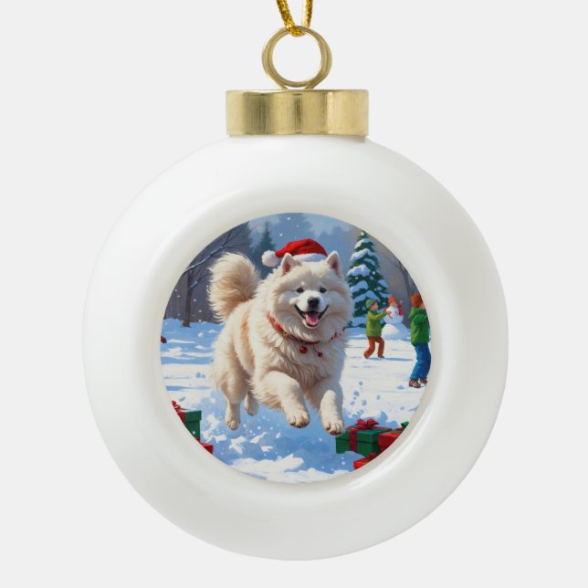 Boule En Céramique Samoyed Running en neige avec Casquette de Noël (Devant)