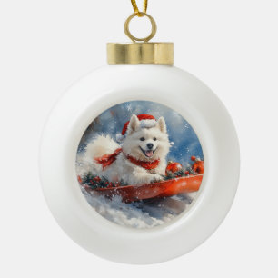 Boule En Céramique Samoyède en Traîneau Laissez Tomber la Neige Noël