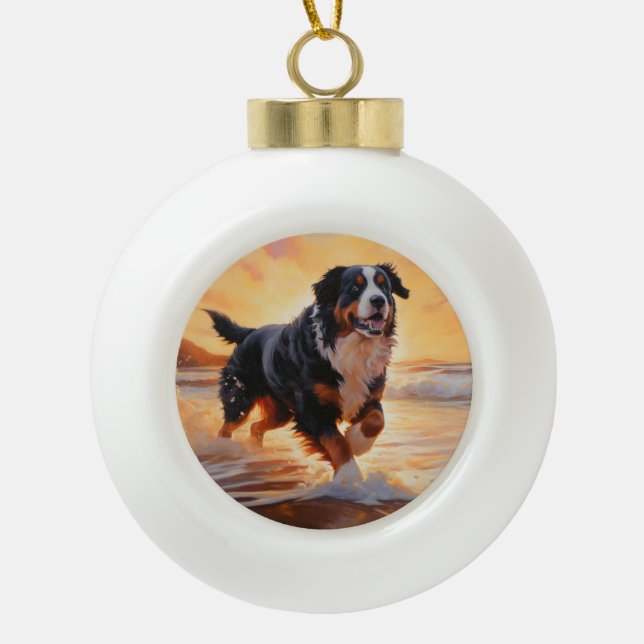 Boule En Céramique Sandy Paws Bernese Mountain Dog on Beach Sunset (Devant)