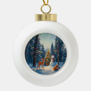 Boule En Céramique Scene d'arbre de Noël Cute Deer Fawn Snowman