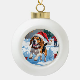 Boule En Céramique Scène de neige festive de Noël avec Beagle