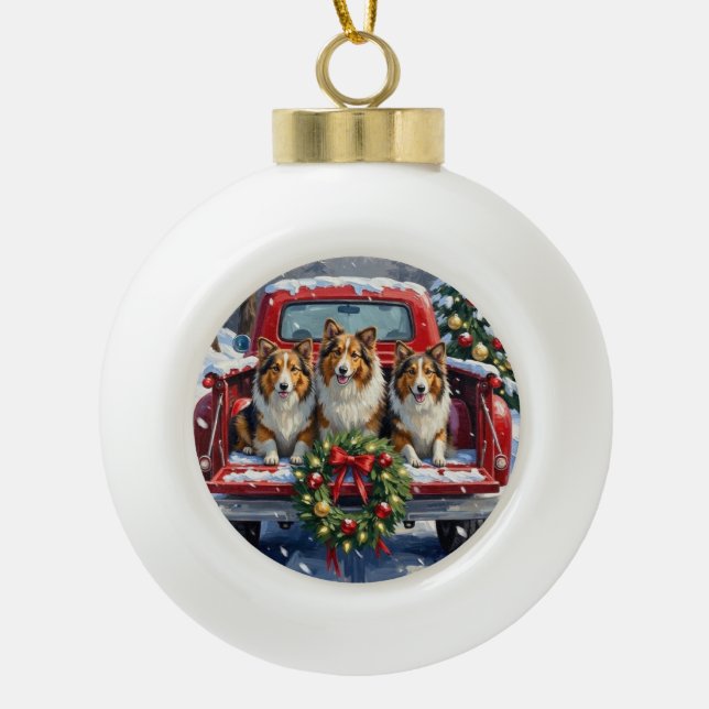 Boule En Céramique Shetland Sheepdog Christmas Red Truck Holiday (Devant)
