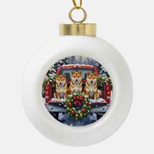 Boule En Céramique Shiba Inu Noël Camion Rouge Fêtes
