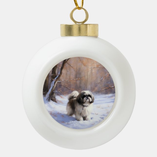 Boule En Céramique Shih Tzu Laisse Neige Noël (Devant)