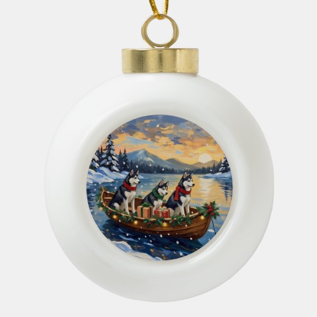 Boule En Céramique Siberian Husky Christmas Boat Holiday (Devant)