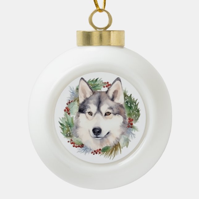 Boule En Céramique Sibérie Husky Christmas Wreath Festive Pup (Devant)