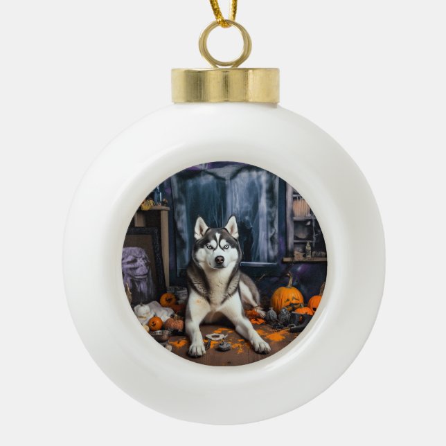 Boule En Céramique Sibérie Husky Citrouille Halloween effrayant (Devant)