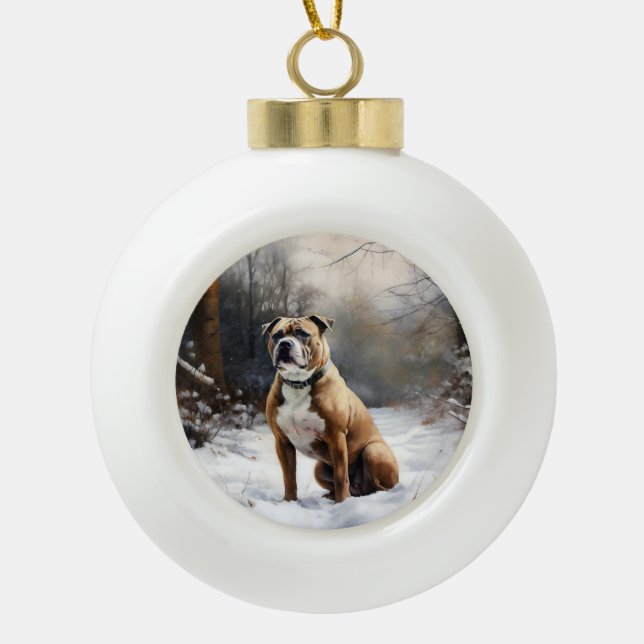 Boule En Céramique Staffordshire Bull Terrier Laisser neiger Noël (Devant)