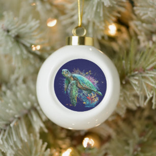 Boule En Céramique Style d'aquarelle sous-marine de tortue marine