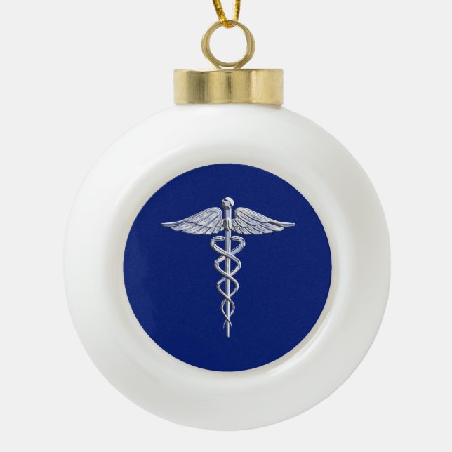 Boule En Céramique Symbole Médicale Chrome Argent sur bleu marine (Devant)