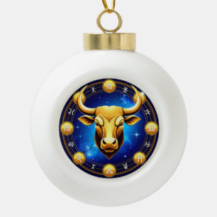Boule En Céramique Taureau doré dans un cercle zodiacal cosmique