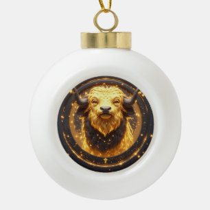 Boule En Céramique Taureau doré en or dans une roue zodiacale circula