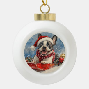 Boule En Céramique Tchiot Boston Terrier dans un traîneau Laissez nei