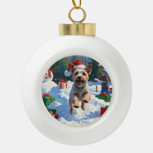 Boule En Céramique Terrier à poil dur Fox courir dans la neige avec u