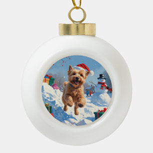 Boule En Céramique Terrier rouillé en neige avec Casquette de Noël